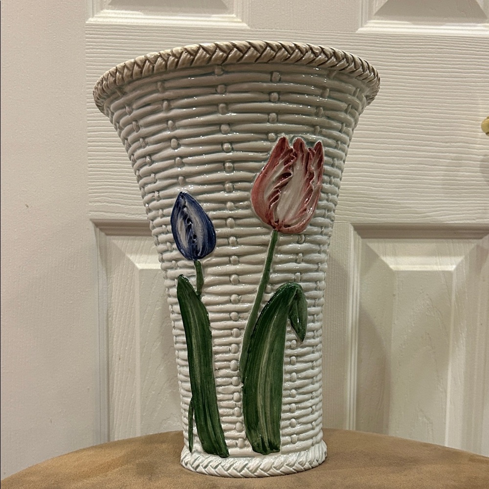 Italian Made Vintage Ceramic Basket- Weave Floral Vase
